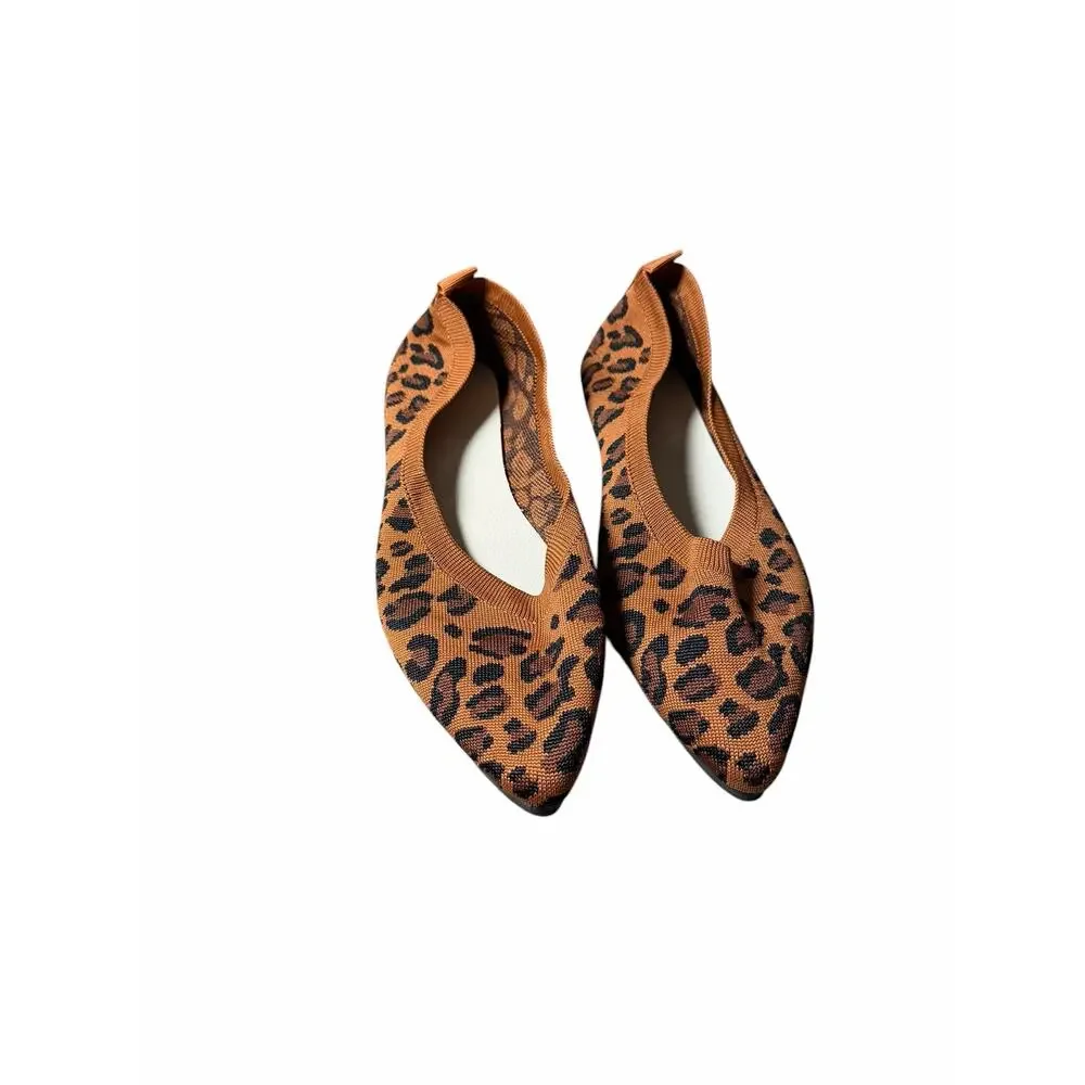 Leopard Print Knit Ballet Flats Point Toe Stretch Slip-On Shoes Size 39 NEW